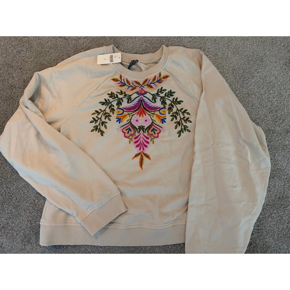 Anthropologie Floral Embroidered Boho Cotton Short Sweatshirt Top Beige M NWT